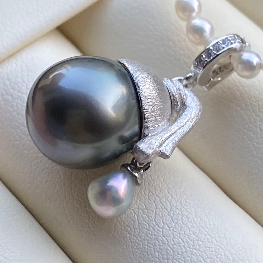 本真珠　南洋黒蝶真珠&あこや真珠ネックレストップ12mmダークグリーンPT826