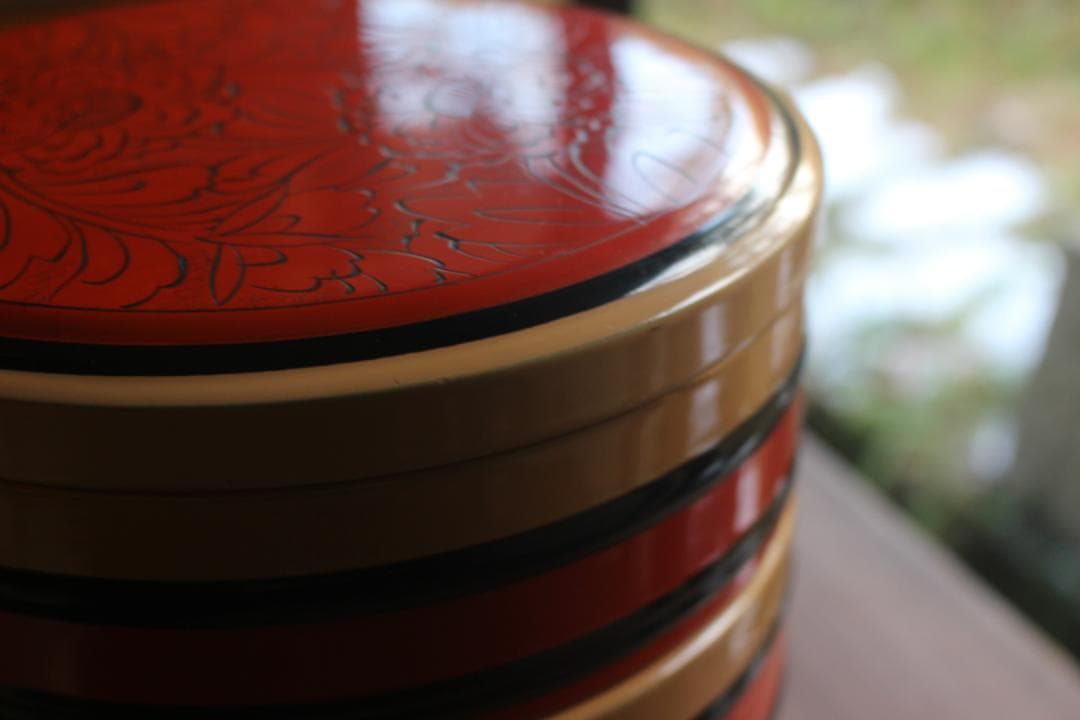 風情ある独楽塗の美しい五段丸重（検輪島塗お重重箱茶道具