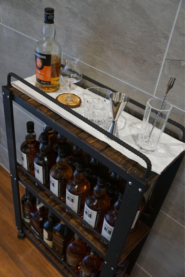 ウィスキーラック　　落下防止ワゴンタイプ　男前インテリア　棚　インダストリアル