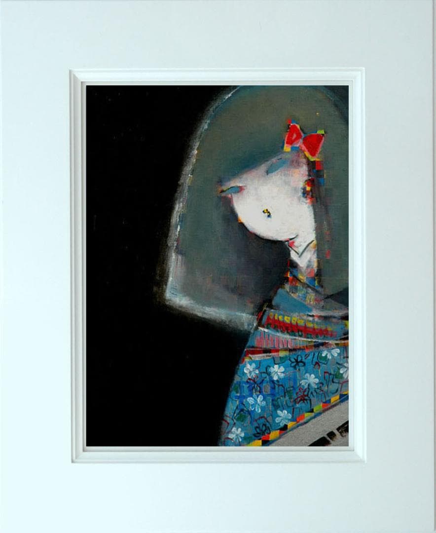 油絵 菅家令子絵 絵画インテリア額付(青緑＋金色の枠)F6-083111市松人形