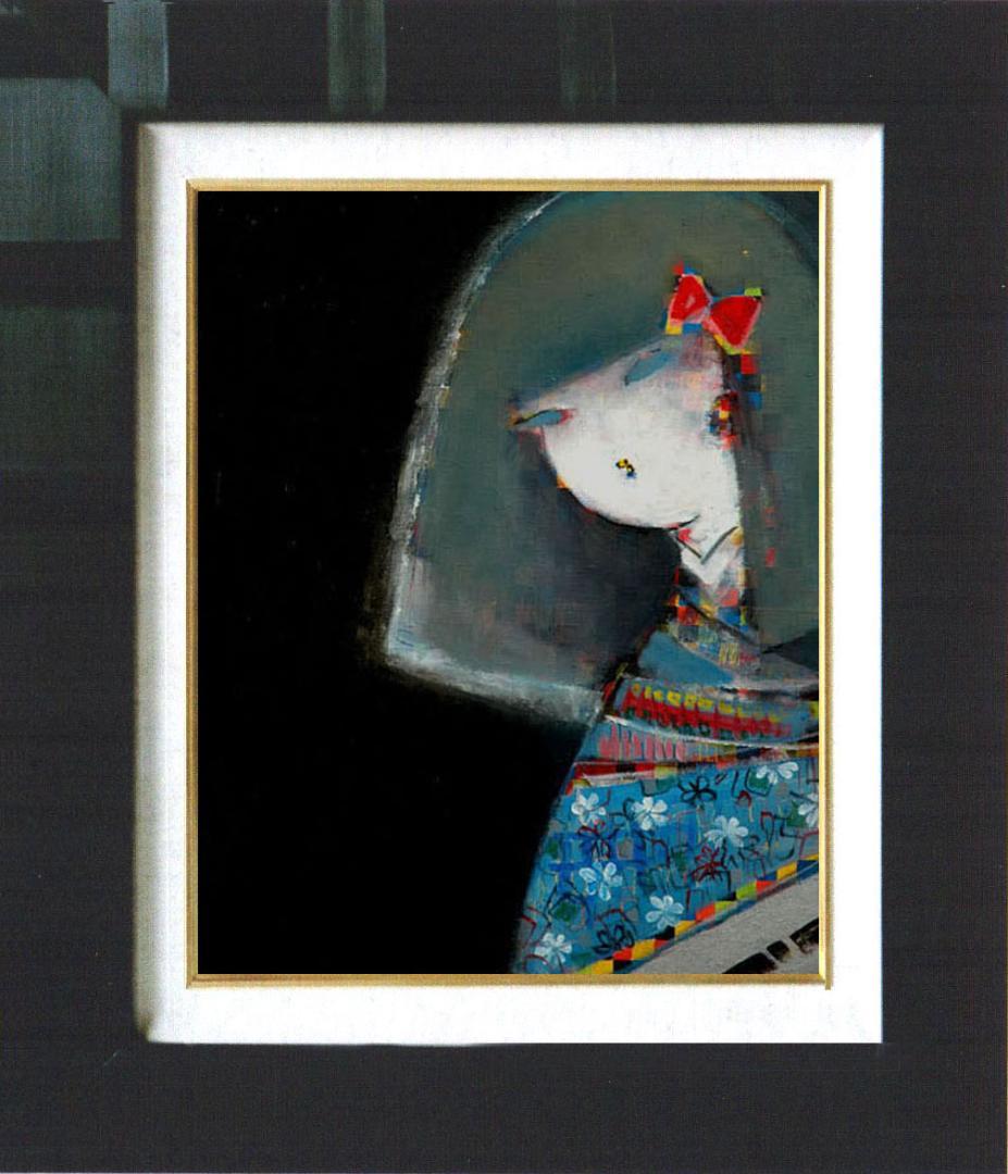 油絵 菅家令子絵 絵画インテリア額付(青緑＋金色の枠)F6-083111市松人形