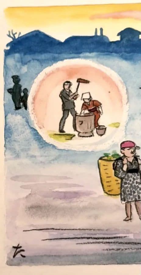 小川龍彦、水彩画年の暮れ（思い出の故郷静岡シリーズ)昭和52年10月1977描く