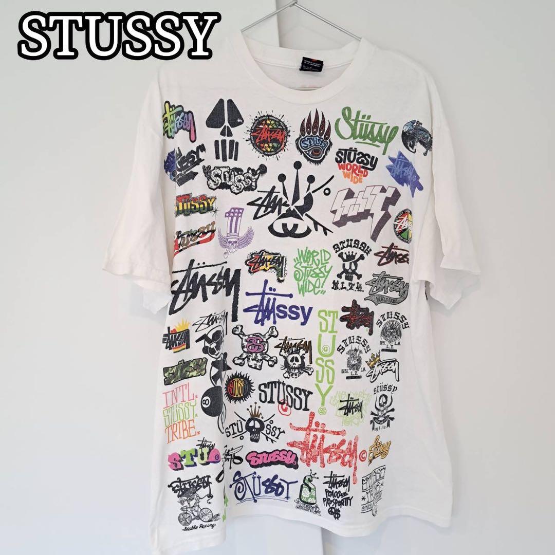 STUSSYステューシー 総柄Tシャツ オール歴代ロゴ 両面プリント Y2K L
