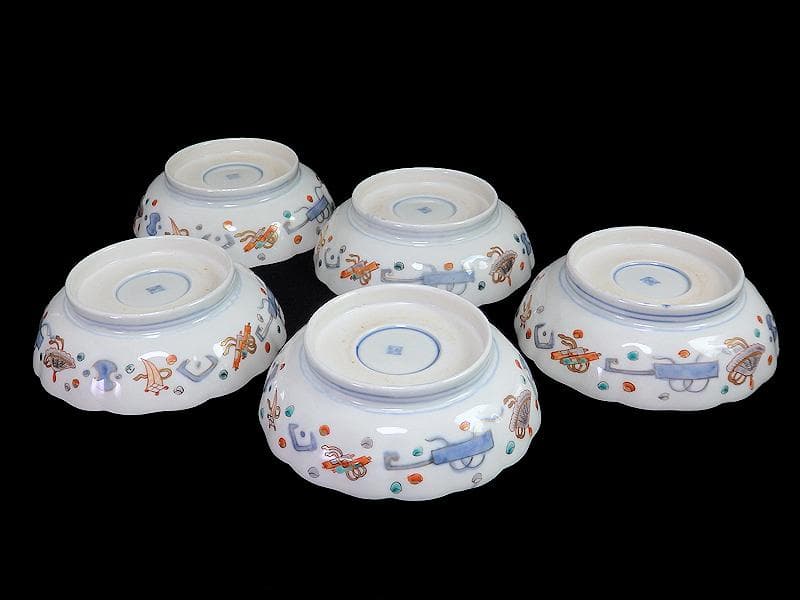 古伊万里　金襴手　松竹梅に鶴亀の図　膾皿　５客　D942AS-BNu