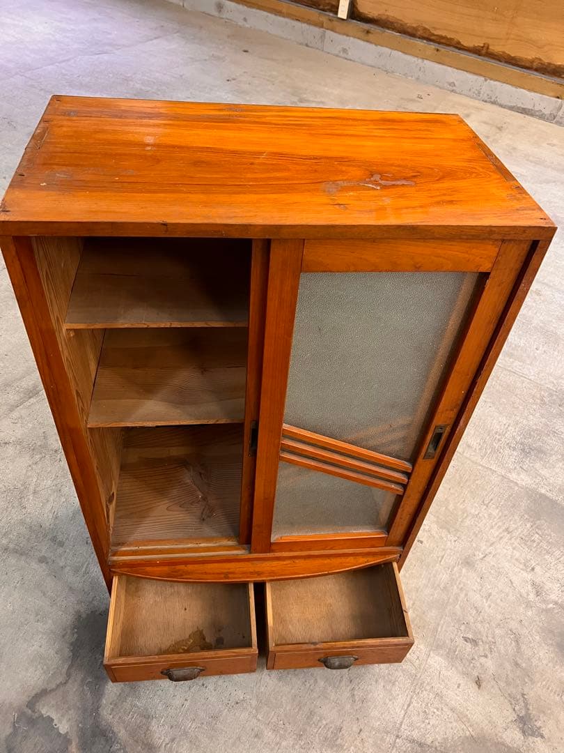 昭和レトロ 木製 引き戸棚 型板ガラス 収納家具