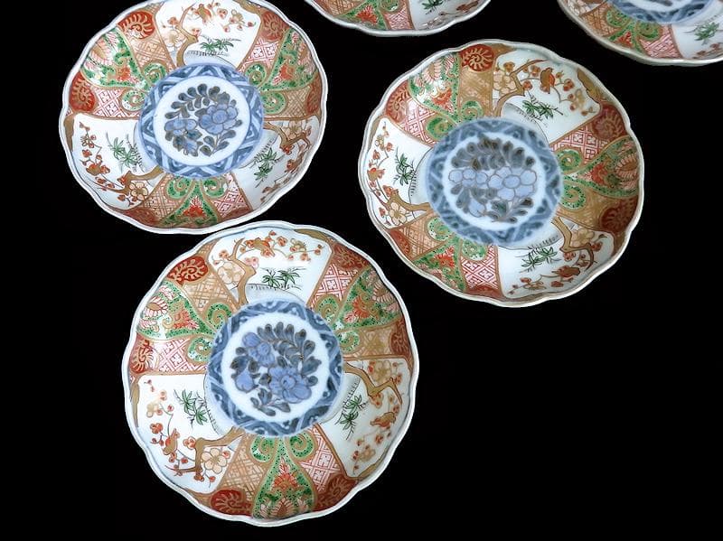 古伊万里　金襴手　牡丹に松竹梅の図　４寸皿　５枚　C782AS-CFj