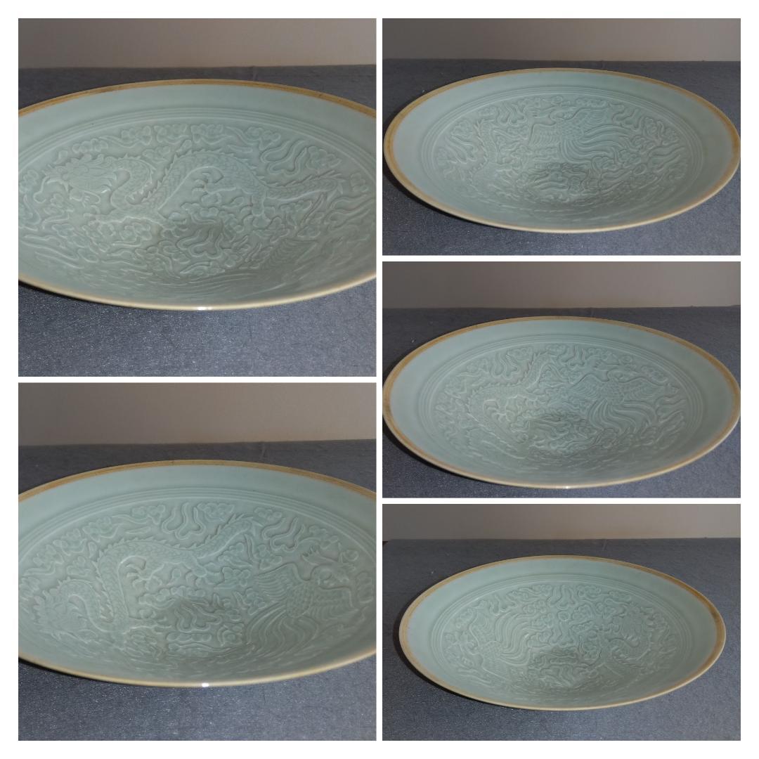 中國古陶磁器　宋　印花対龍鳳凰紋椀　青白磁　景徳鎮窯