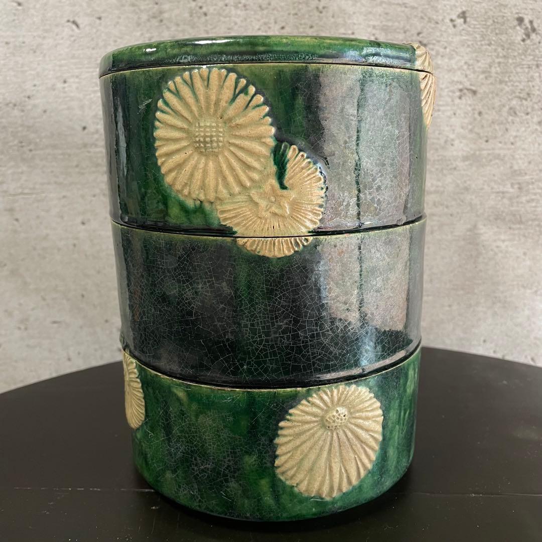陶器　三段重　アンティーク　骨董品　貫入　金継ぎ　焼物　蓋物