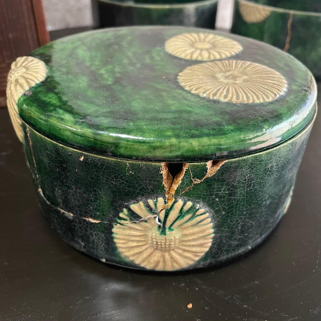 陶器　三段重　アンティーク　骨董品　貫入　金継ぎ　焼物　蓋物