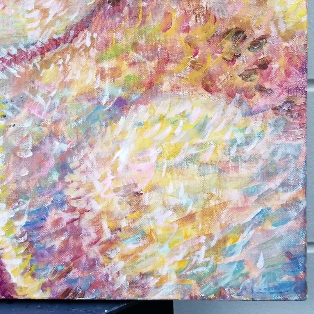 キャンバス油絵　専用　朝焼けを見る ななめうしろむきのうさぎ　印象派風