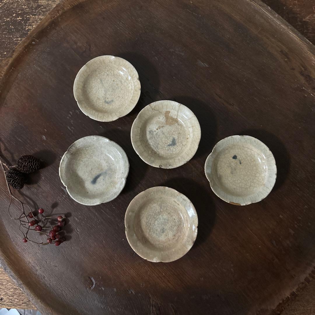 灰釉小皿　5点　豆皿　美濃瀬戸　酒盃　骨董　アンティーク　古道具　古民具　李朝