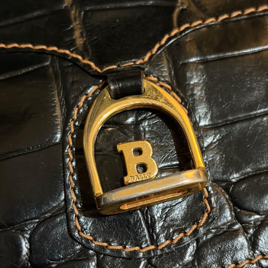 美品 BALLY ハンドバッグ クロコ 型押し Bロゴ レザー ブラック 伊製