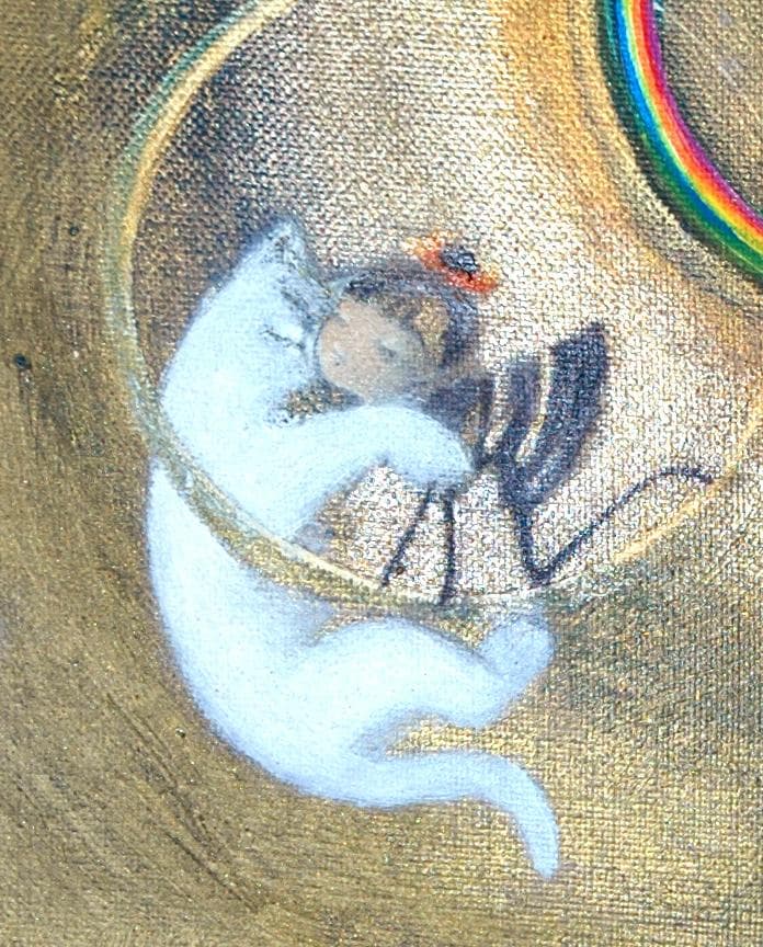 油絵 菅家令子 絵 絵画インテリア額付(銀) F4-030119 子猫子犬女の子