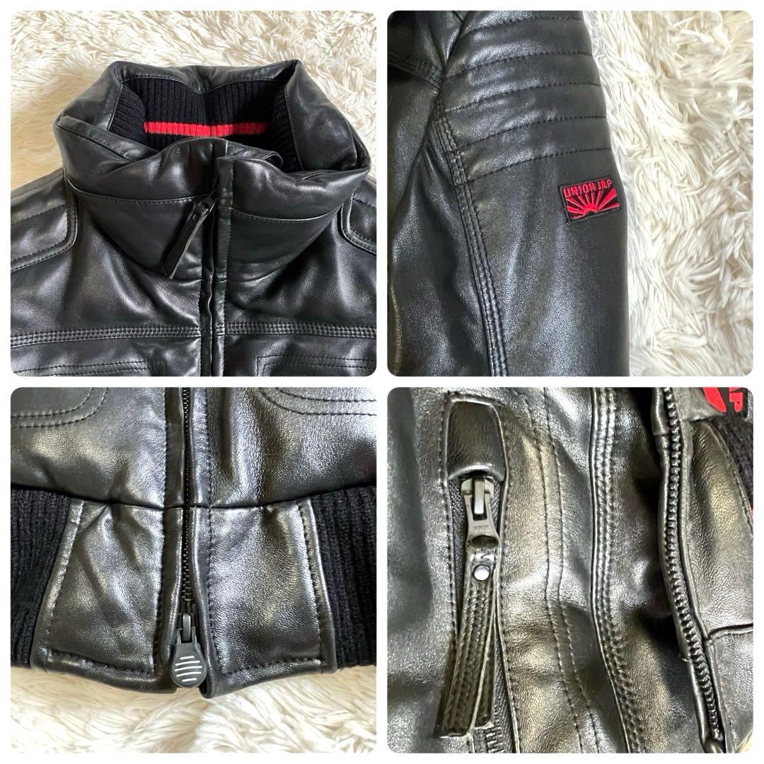 極美品▪️ユニオンジャップ ラム レザー ダウンジャケット ライダース M リブ付