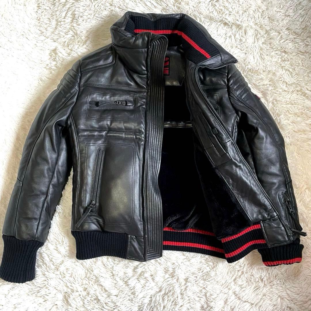 極美品▪️ユニオンジャップ ラム レザー ダウンジャケット ライダース M リブ付