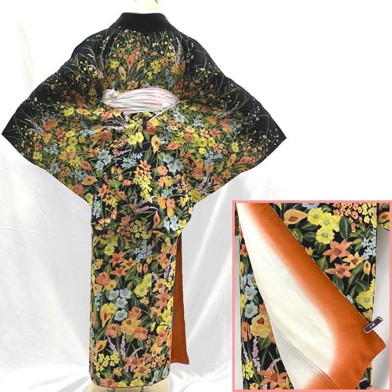 507mk62〇一方付け 付下げ小紋 鮮やかな花文 ややふくよかサイズ〇美品