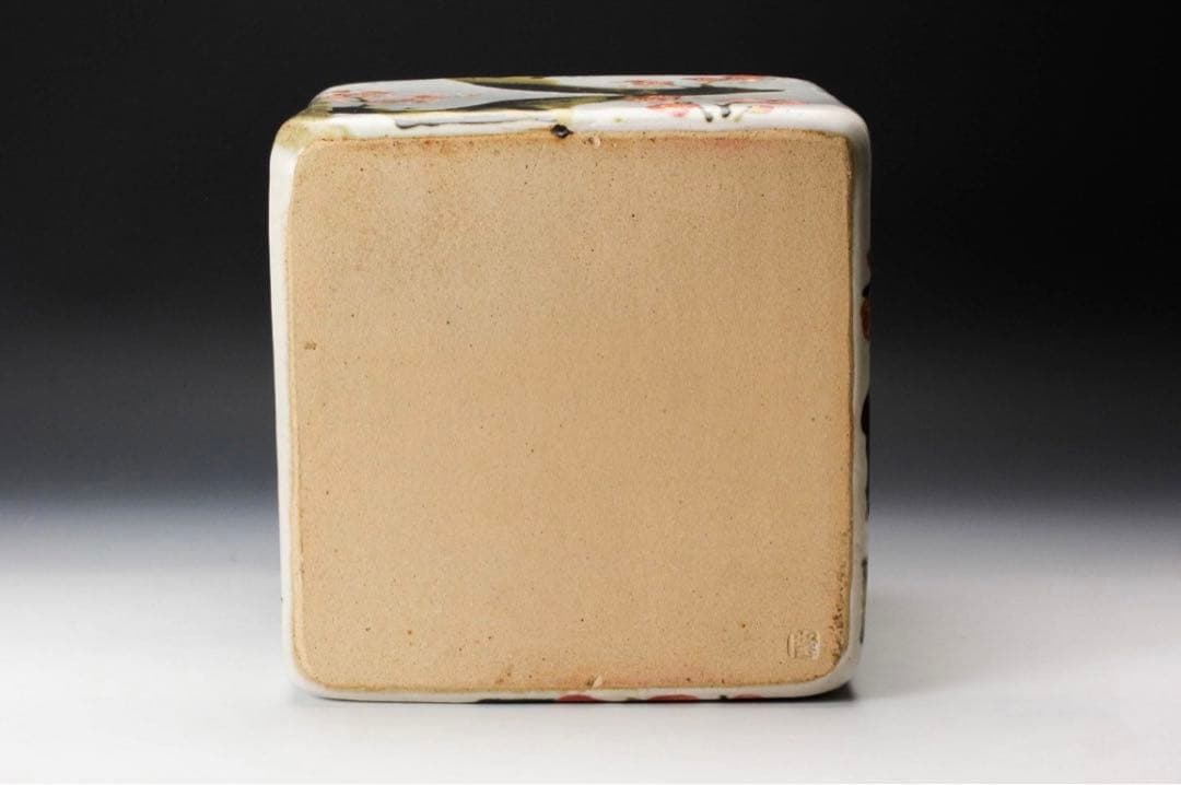 古川隆久 釉彩梅文方壷 大作　共箱 共布