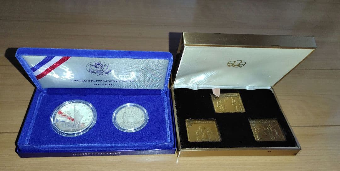 ●計2品①モントリオールオリンピック記念切手型硬貨②アメリカ合衆国リバティ
