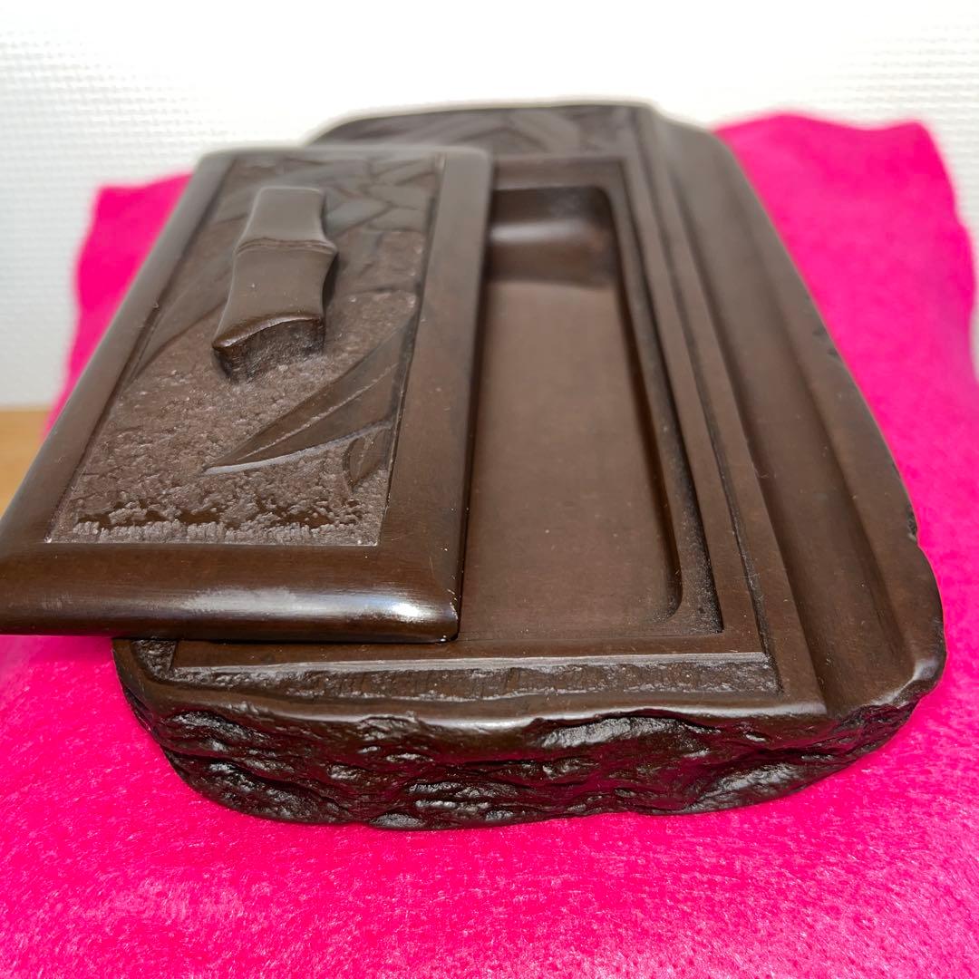 ⭕️赤間硯　彫刻蓋付き硯　木村玉池堂　木村保一　硯匠　華泉作　美品　女性好み