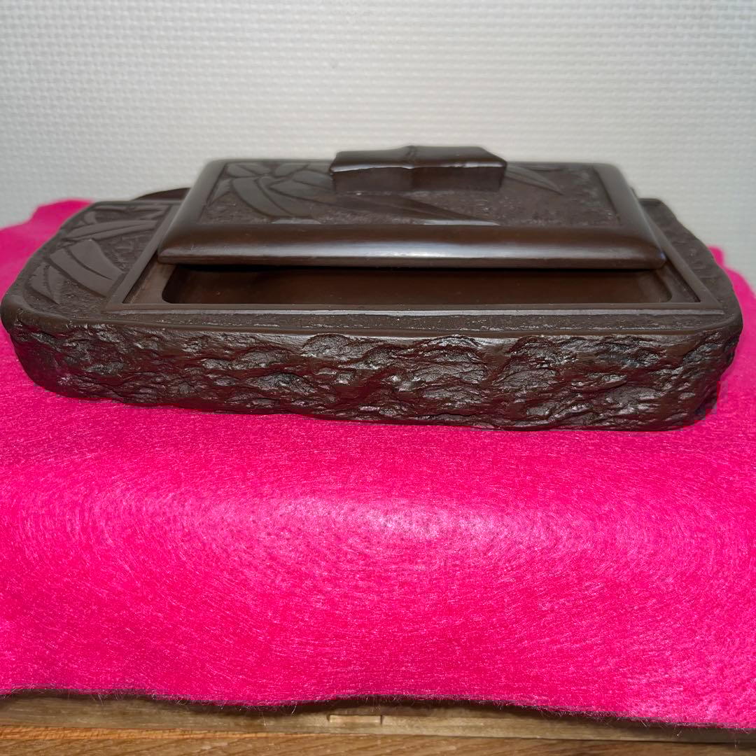 ⭕️赤間硯　彫刻蓋付き硯　木村玉池堂　木村保一　硯匠　華泉作　美品　女性好み