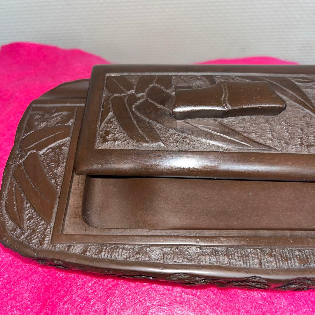 ⭕️赤間硯　彫刻蓋付き硯　木村玉池堂　木村保一　硯匠　華泉作　美品　女性好み