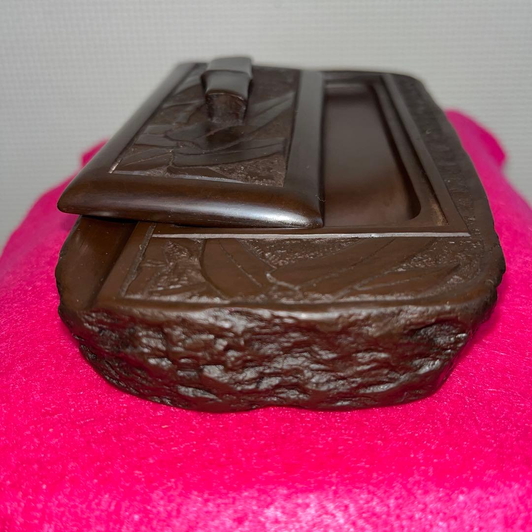 ⭕️赤間硯　彫刻蓋付き硯　木村玉池堂　木村保一　硯匠　華泉作　美品　女性好み