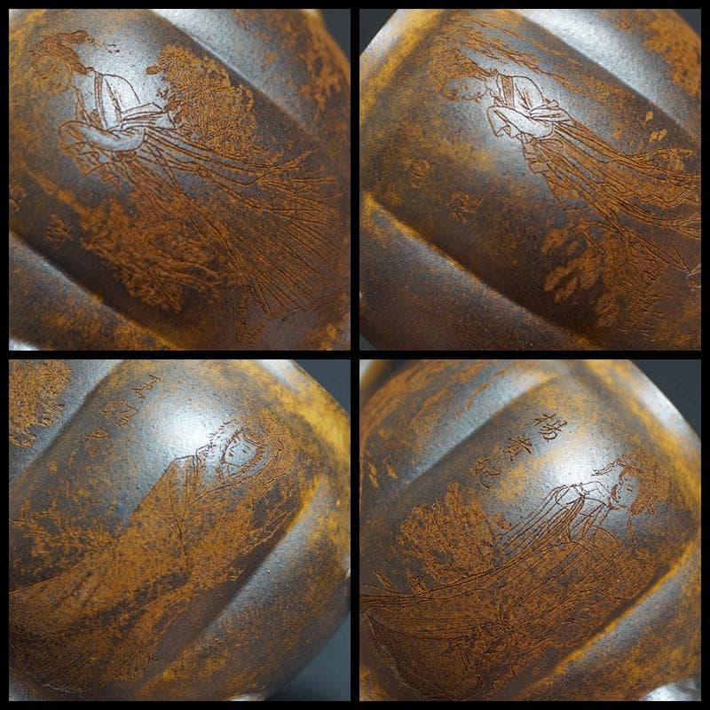 中国宜興紫砂 大型朱泥急須 紫砂細工『美人漢詩図』刻 南瓜形紫砂壺朱泥 在銘