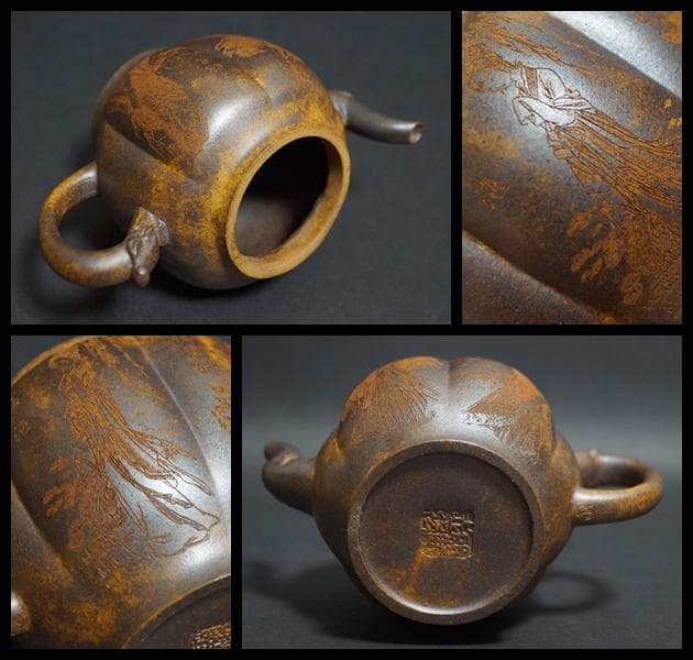 中国宜興紫砂 大型朱泥急須 紫砂細工『美人漢詩図』刻 南瓜形紫砂壺朱泥 在銘