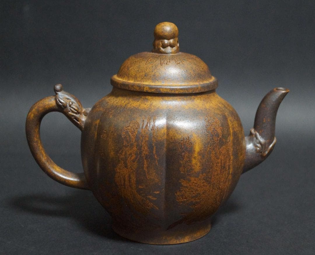 中国宜興紫砂 大型朱泥急須 紫砂細工『美人漢詩図』刻 南瓜形紫砂壺朱泥 在銘