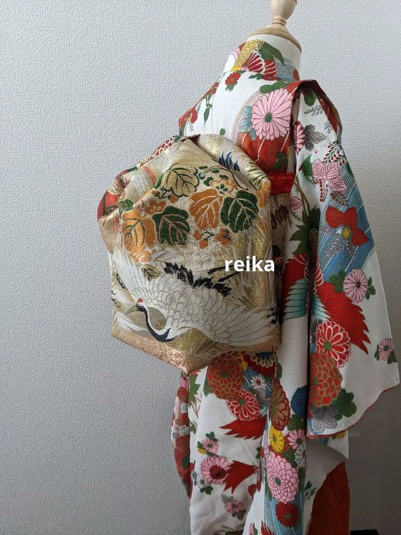 正絹袋帯からの作り帯　鶴 文庫結び　アンティーク　七五三ジュニア帯　成人式振袖