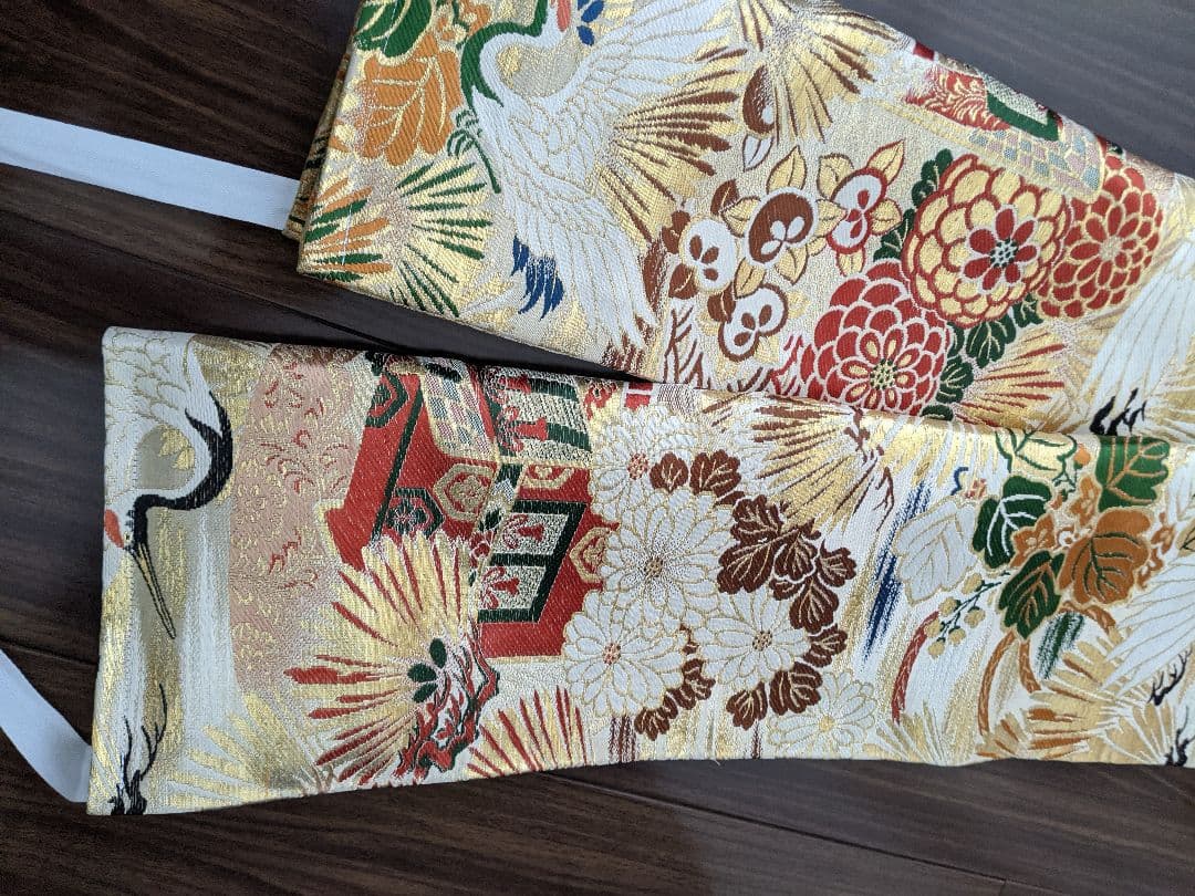 正絹袋帯からの作り帯　鶴 文庫結び　アンティーク　七五三ジュニア帯　成人式振袖