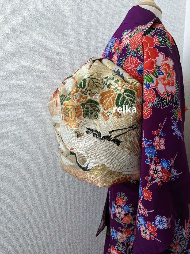 正絹袋帯からの作り帯　鶴 文庫結び　アンティーク　七五三ジュニア帯　成人式振袖