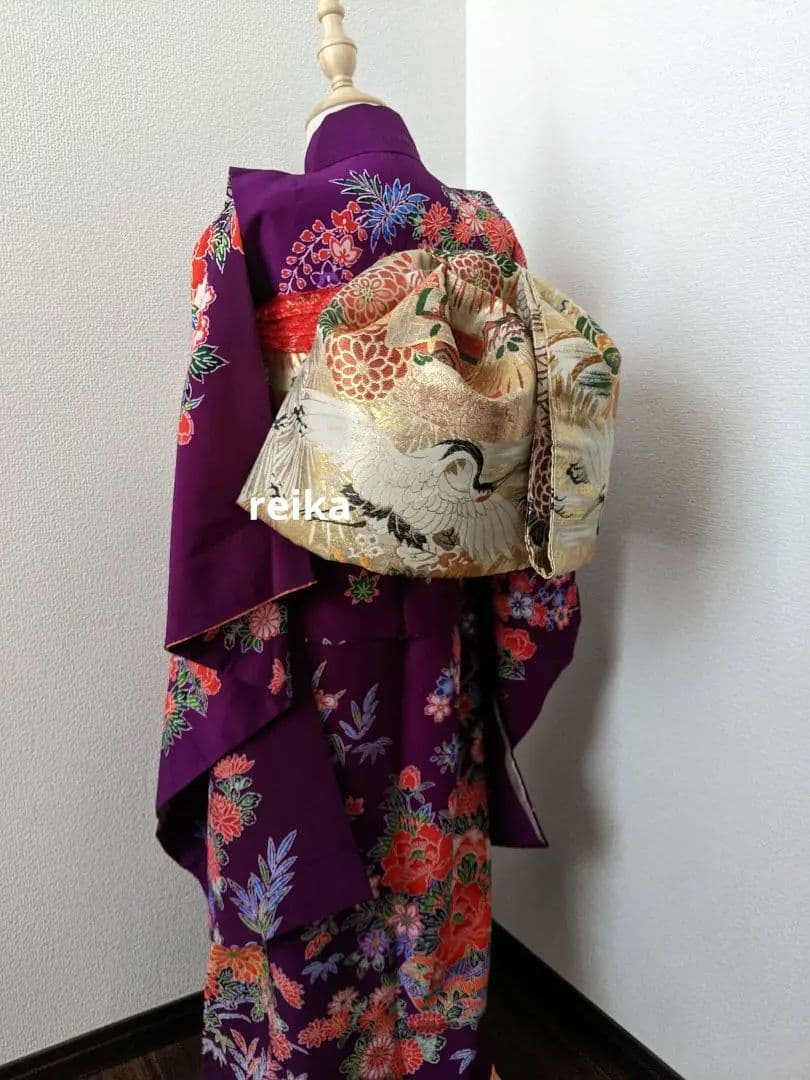 正絹袋帯からの作り帯　鶴 文庫結び　アンティーク　七五三ジュニア帯　成人式振袖