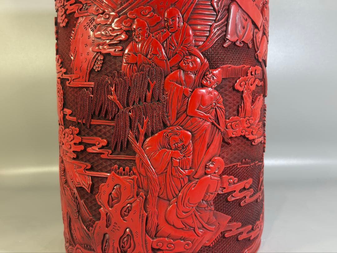 中国 堆朱 刻人物 筒 文房四宝