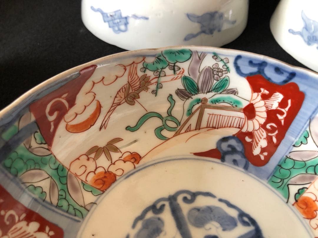 古伊万里　金彩色絵　花草雲鶴文中鉢10客セット　直径約17.5cm