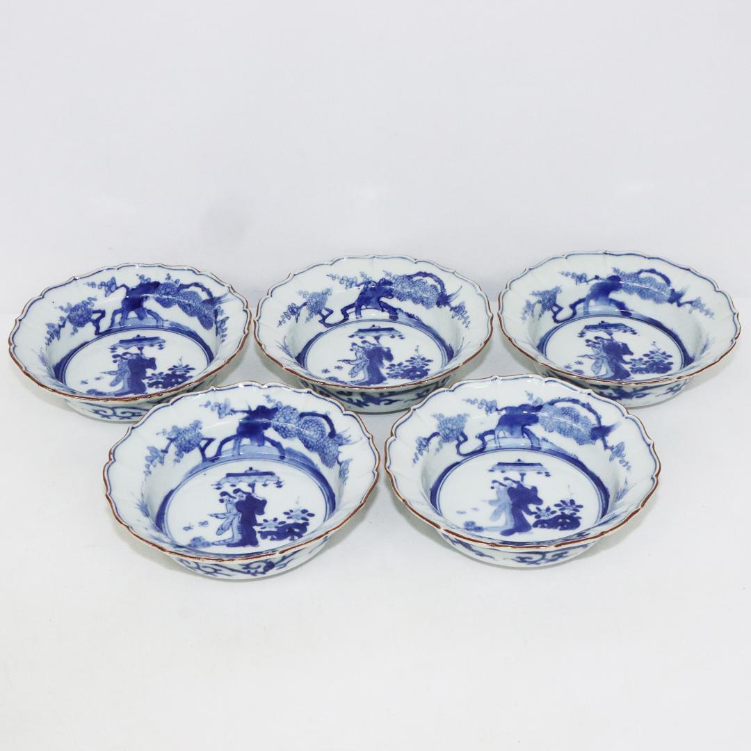 藍模様 輪花膾　古伊万里　角福　5客 賢人図 中皿