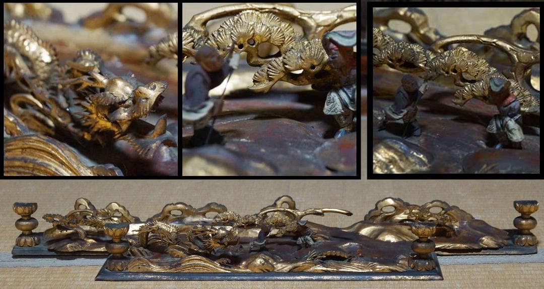 江戸末期一刀彫り高浮彫『渓流龍人物風景図』 木造彩漆金箔張る 欄間飾り立体木彫