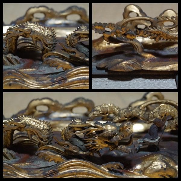 江戸末期一刀彫り高浮彫『渓流龍人物風景図』 木造彩漆金箔張る 欄間飾り立体木彫