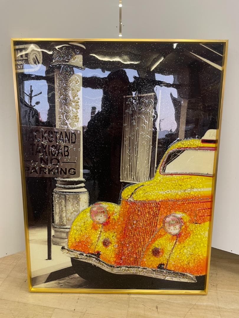 水晶絵　アートパネル　車　ポスター　イエロー　黄　絵画　絵　アート　外車　額縁