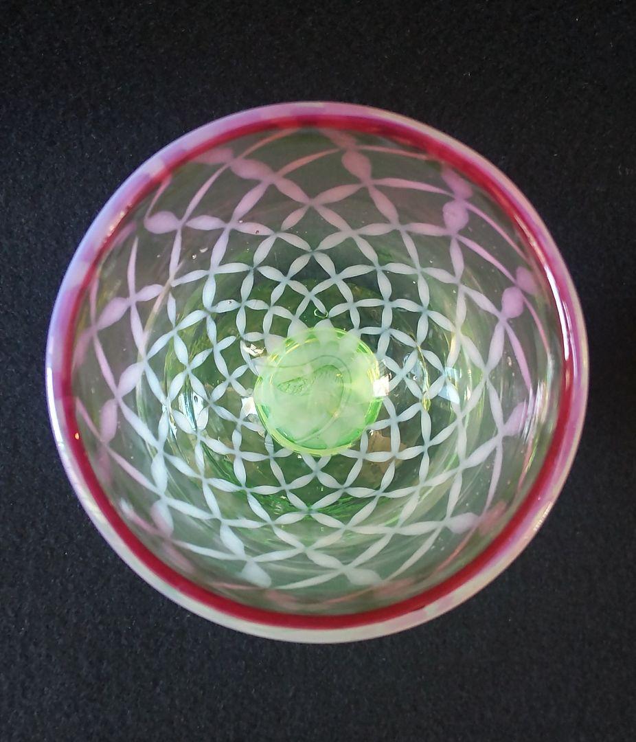 和ガラス　金赤縁七宝繋文　三色氷コップ　ウラン足　吹きガラス