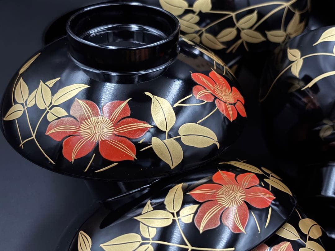 希少　会津塗り　蓋付きお椀5客・茶托５客　セット　漆器　箱付　味噌汁　汁椀