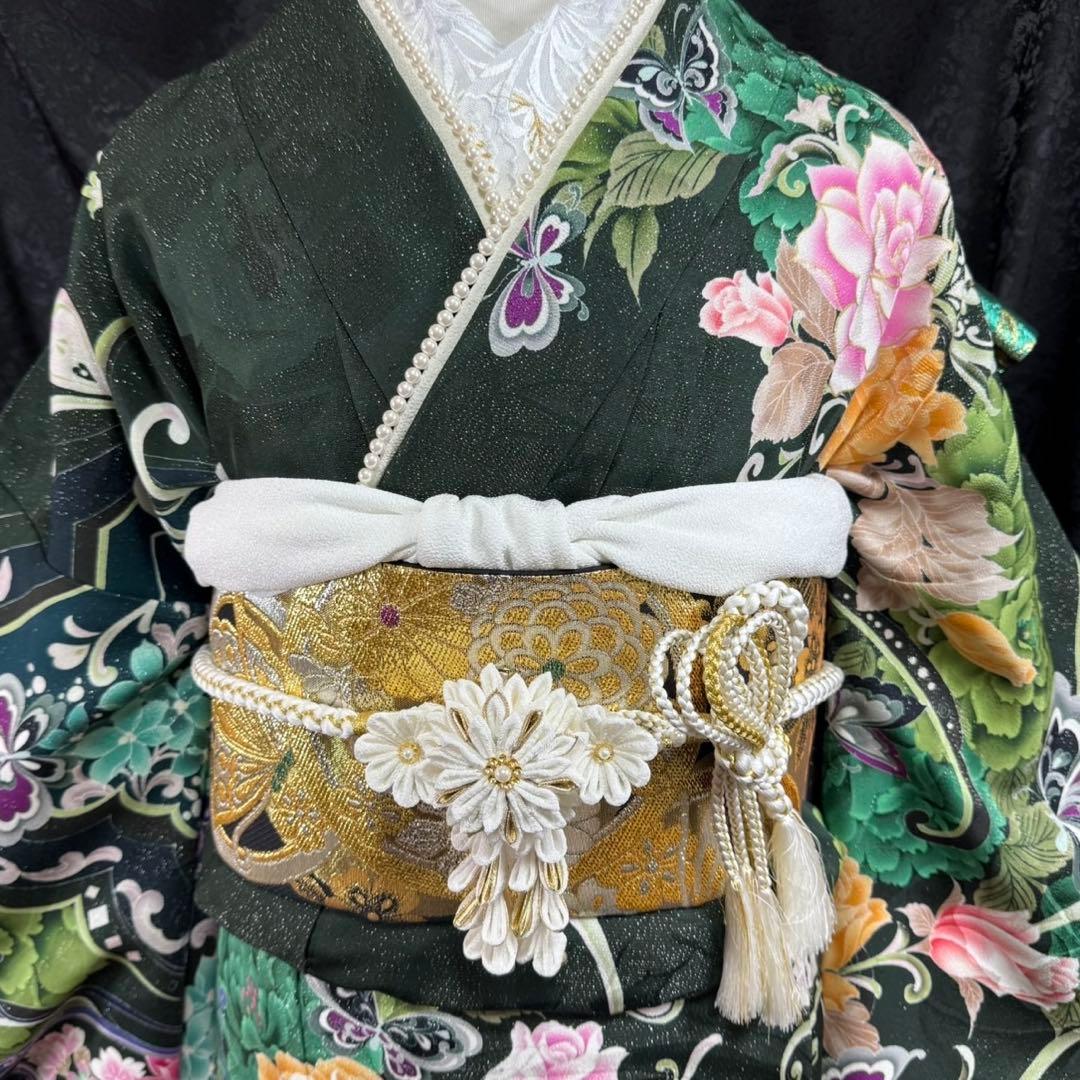 美品　薔薇　蝶　深緑　金彩　刺繍　ラメ　落款　逸品　フルセット　振袖　振り袖