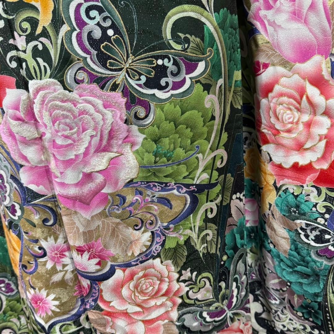 美品　薔薇　蝶　深緑　金彩　刺繍　ラメ　落款　逸品　フルセット　振袖　振り袖