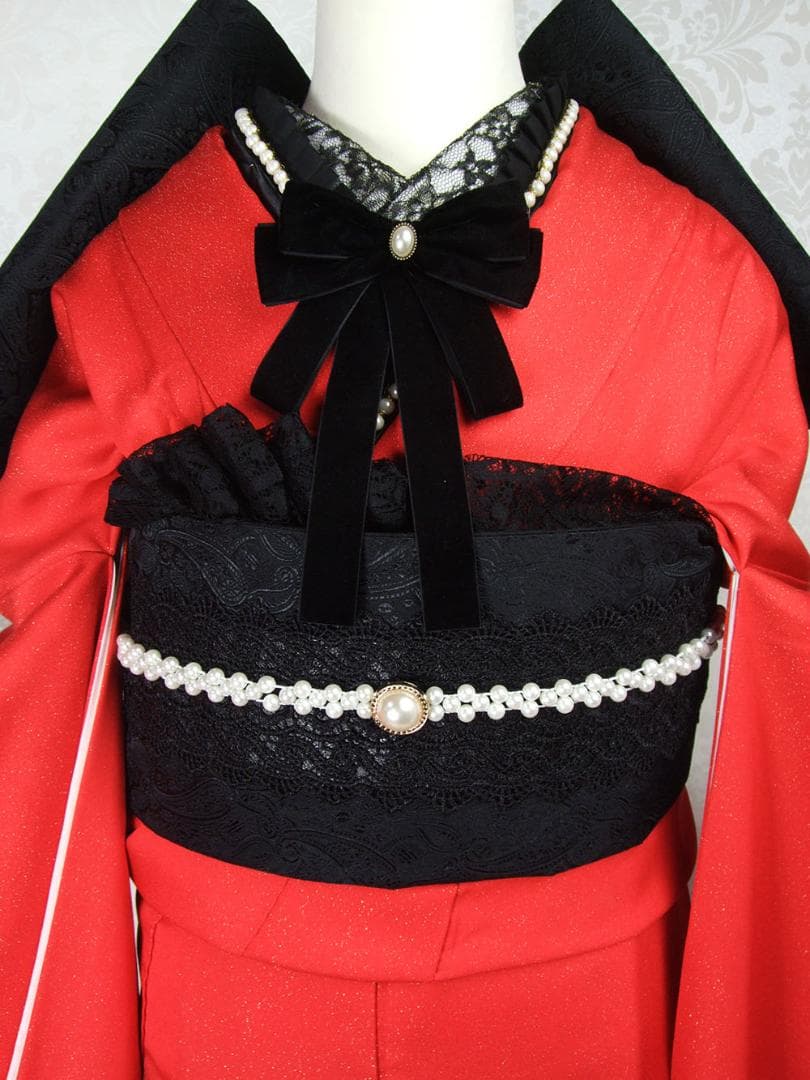 赤×黒　ゴシック振袖　振袖フルセット　ｍ44　パールベルベッドリボン　成人式