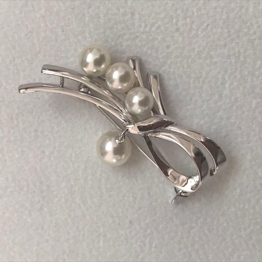 本日限定お値下げ【揺れるパール♡】ミキモト SVリボンモチーフ パール ブローチ