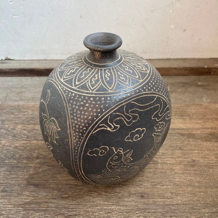 新羅土器 韓国 柳 昌坤 新羅窯 花瓶 在銘 共箱あり 花器 古物22.12.4