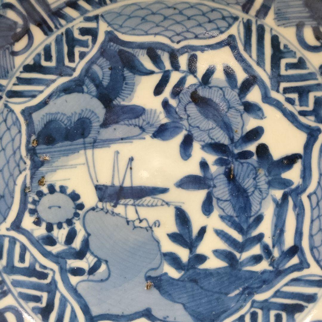 u348-4　中国 清朝期 古染付 芙蓉手 飛蝗文大皿 時代唐物　Q