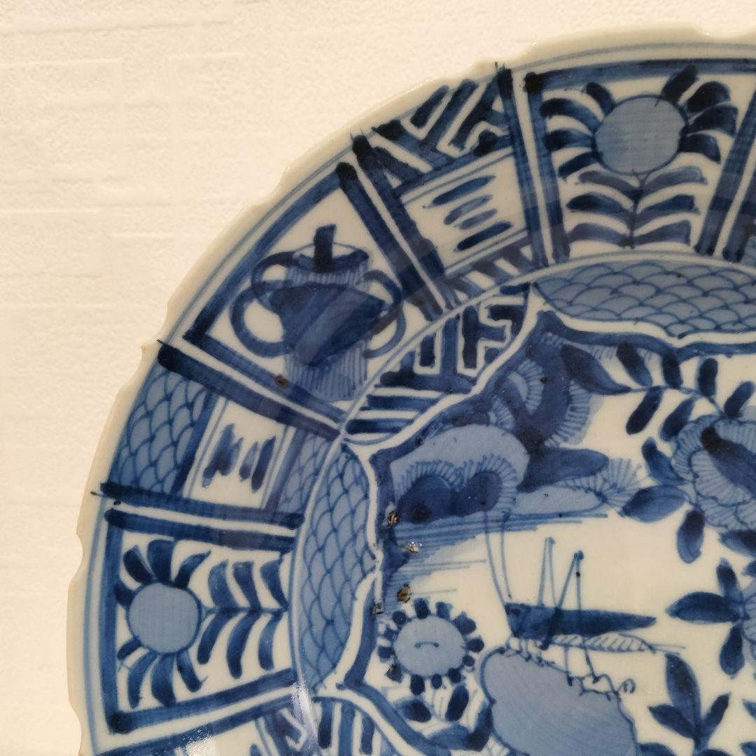 u348-4　中国 清朝期 古染付 芙蓉手 飛蝗文大皿 時代唐物　Q