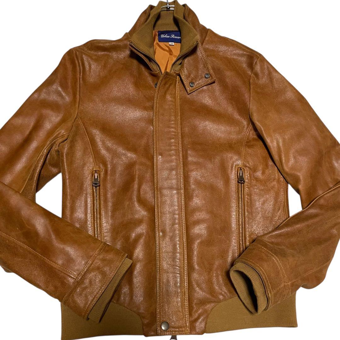 【アーバンリサーチ】山羊革 本革ゴートレザーライダースジャケット リブ切替 茶M