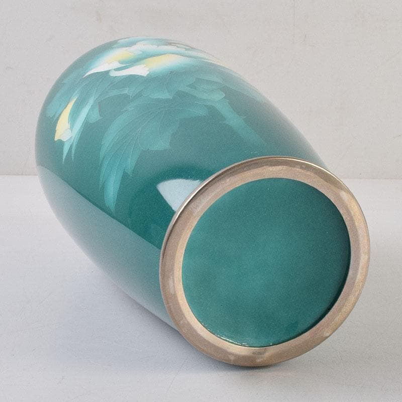 七宝焼　緑釉　花文　花瓶　共箱　V　R9334